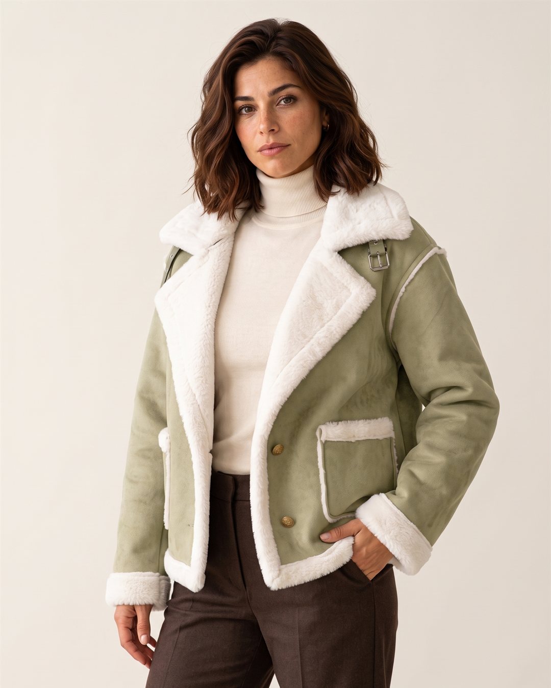 Bruges Shearling Jacket in Sage — color view
