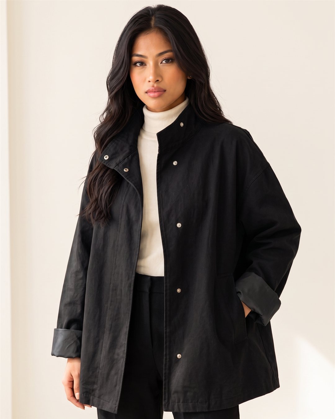 Lyon Short Trench in Black — color view