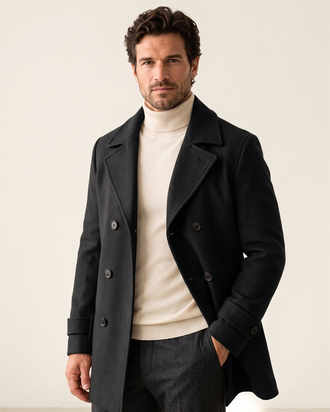Milan Camel Overcoat in Black — color view