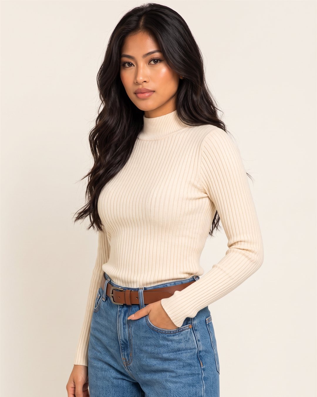 Tallinn Velvet-Lined Turtleneck in Cream — color view